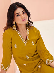 Mustard Yellow Embroidered Straight Kurta Pant Set for Women