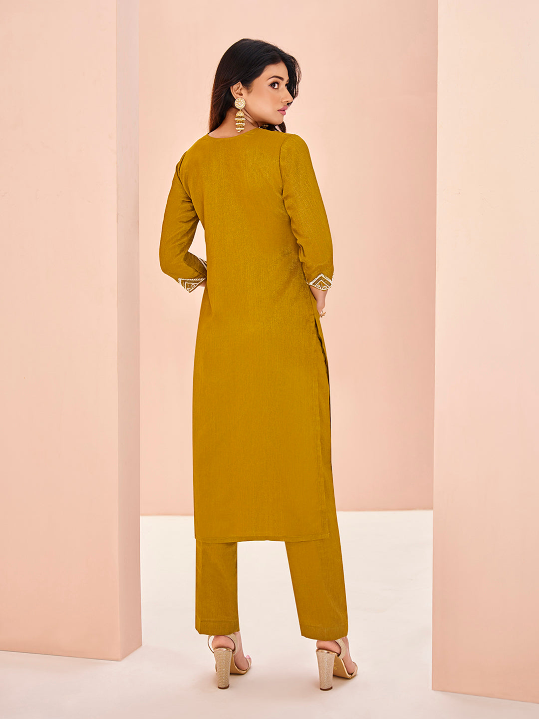 Mustard Yellow Embroidered Straight Kurta Pant Set for Women