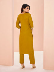 Mustard Yellow Embroidered Straight Kurta Pant Set for Women