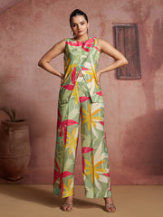 Sage Green Floral Printed Muslin Silk Co-Ord Set