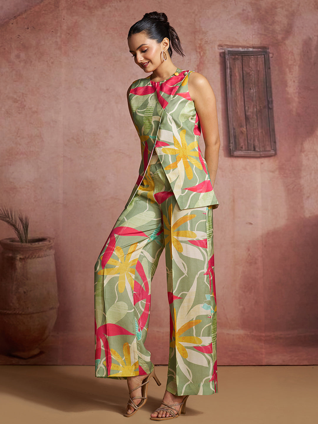 Sage Green Floral Printed Muslin Silk Co-Ord Set