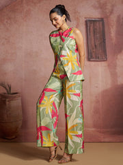 Sage Green Floral Printed Muslin Silk Co-Ord Set