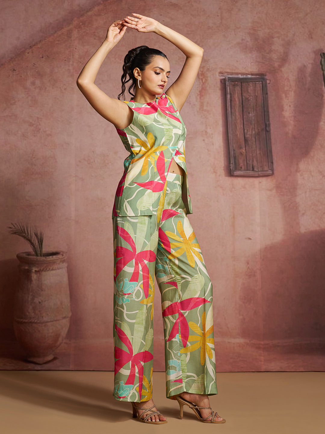 Sage Green Floral Printed Muslin Silk Co-Ord Set