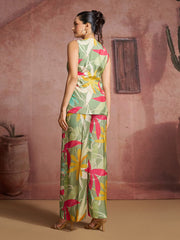 Sage Green Floral Printed Muslin Silk Co-Ord Set