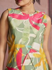 Sage Green Floral Printed Muslin Silk Co-Ord Set