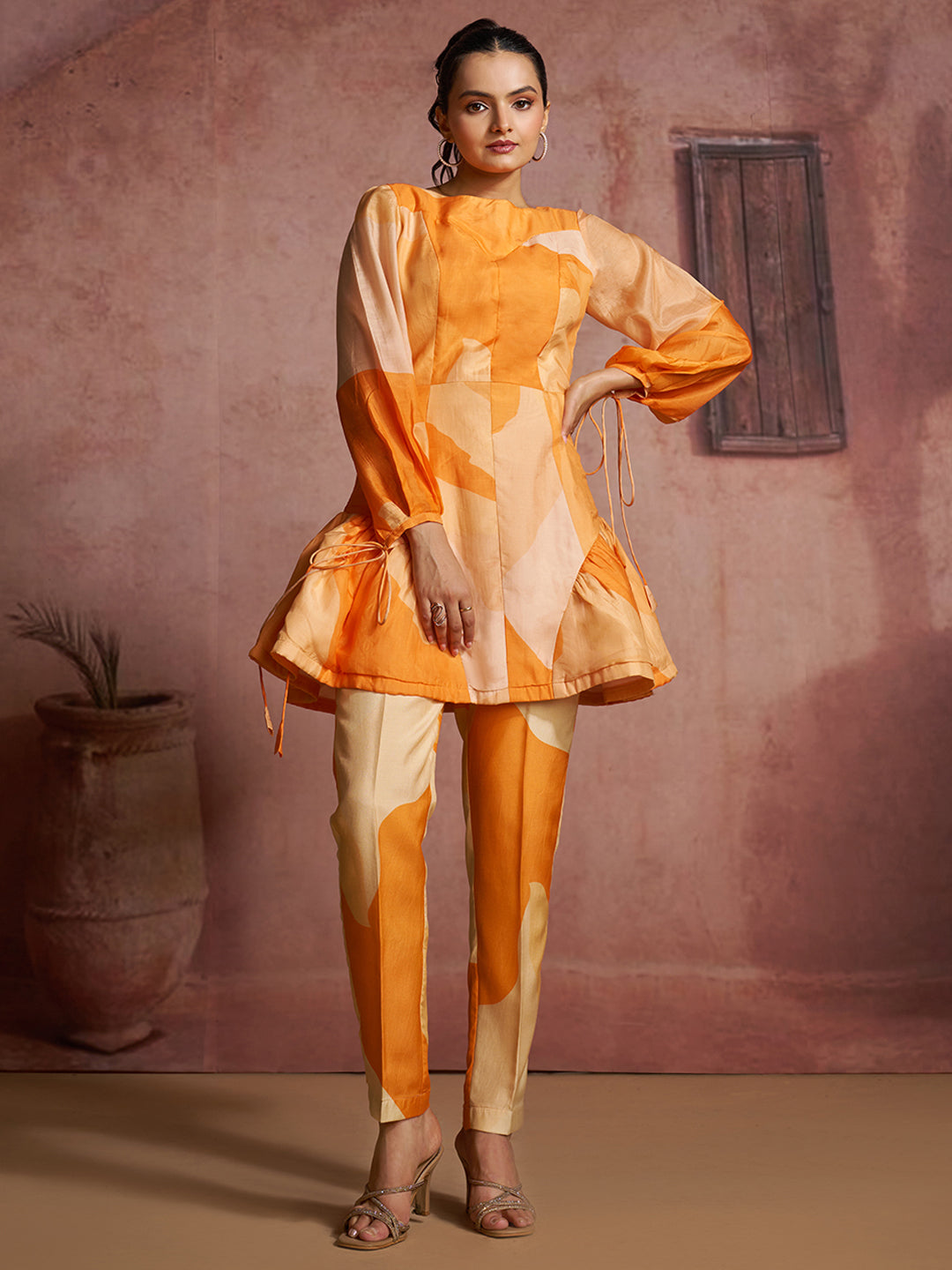 Orange Printed Muslin Silk Peplum Co-Ord Set