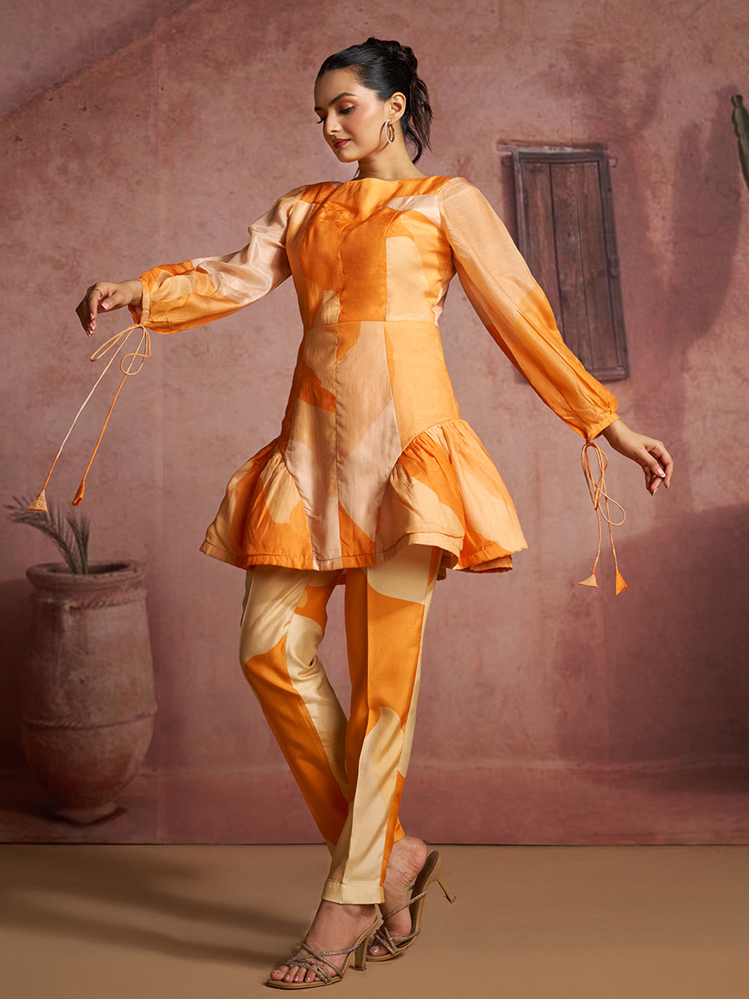 Orange Printed Muslin Silk Peplum Co-Ord Set