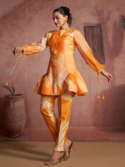 Orange Printed Muslin Silk Peplum Co-Ord Set