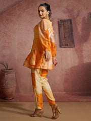 Orange Printed Muslin Silk Peplum Co-Ord Set