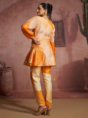 Orange Printed Muslin Silk Peplum Co-Ord Set