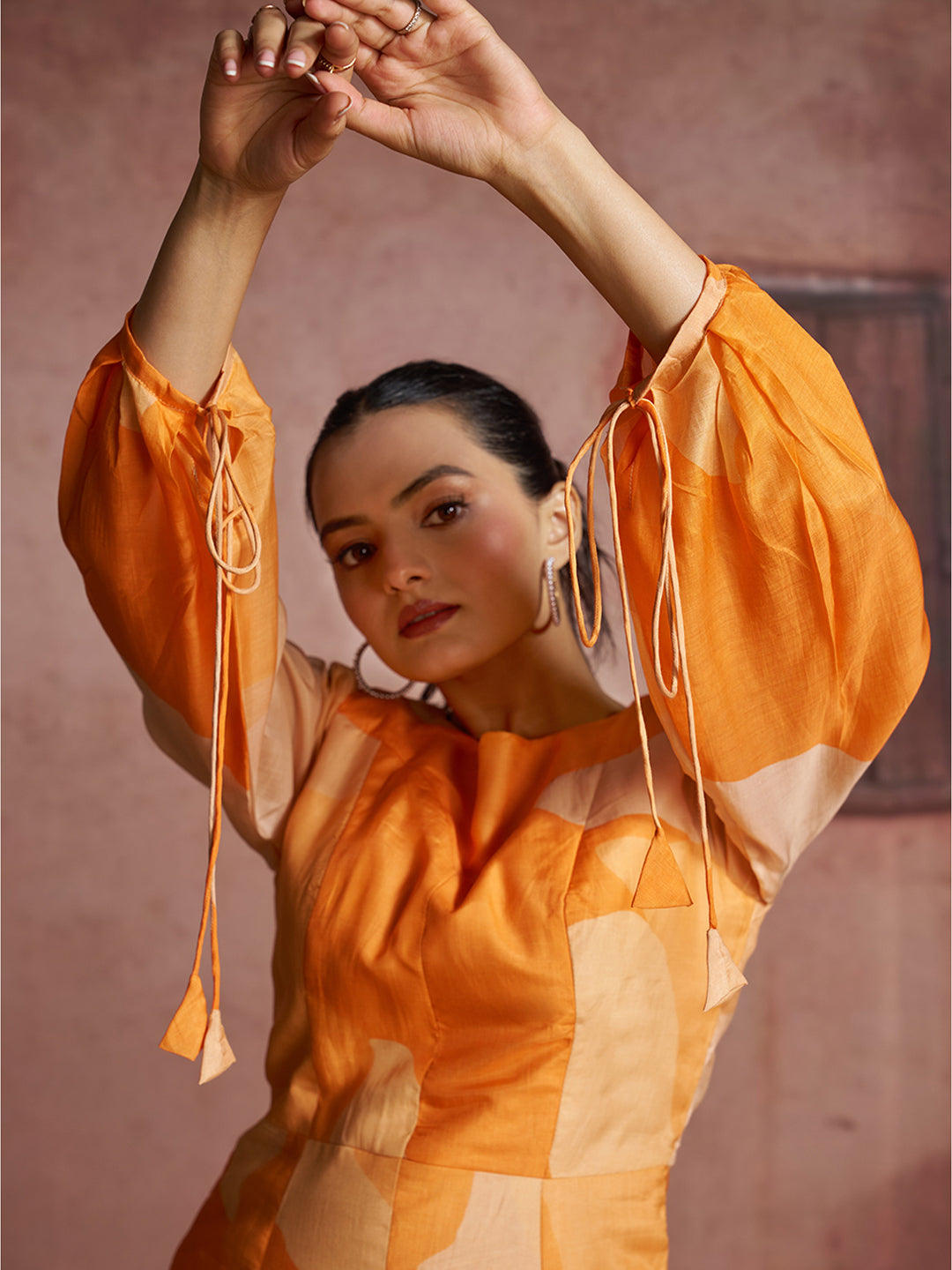 Orange Printed Muslin Silk Peplum Co-Ord Set