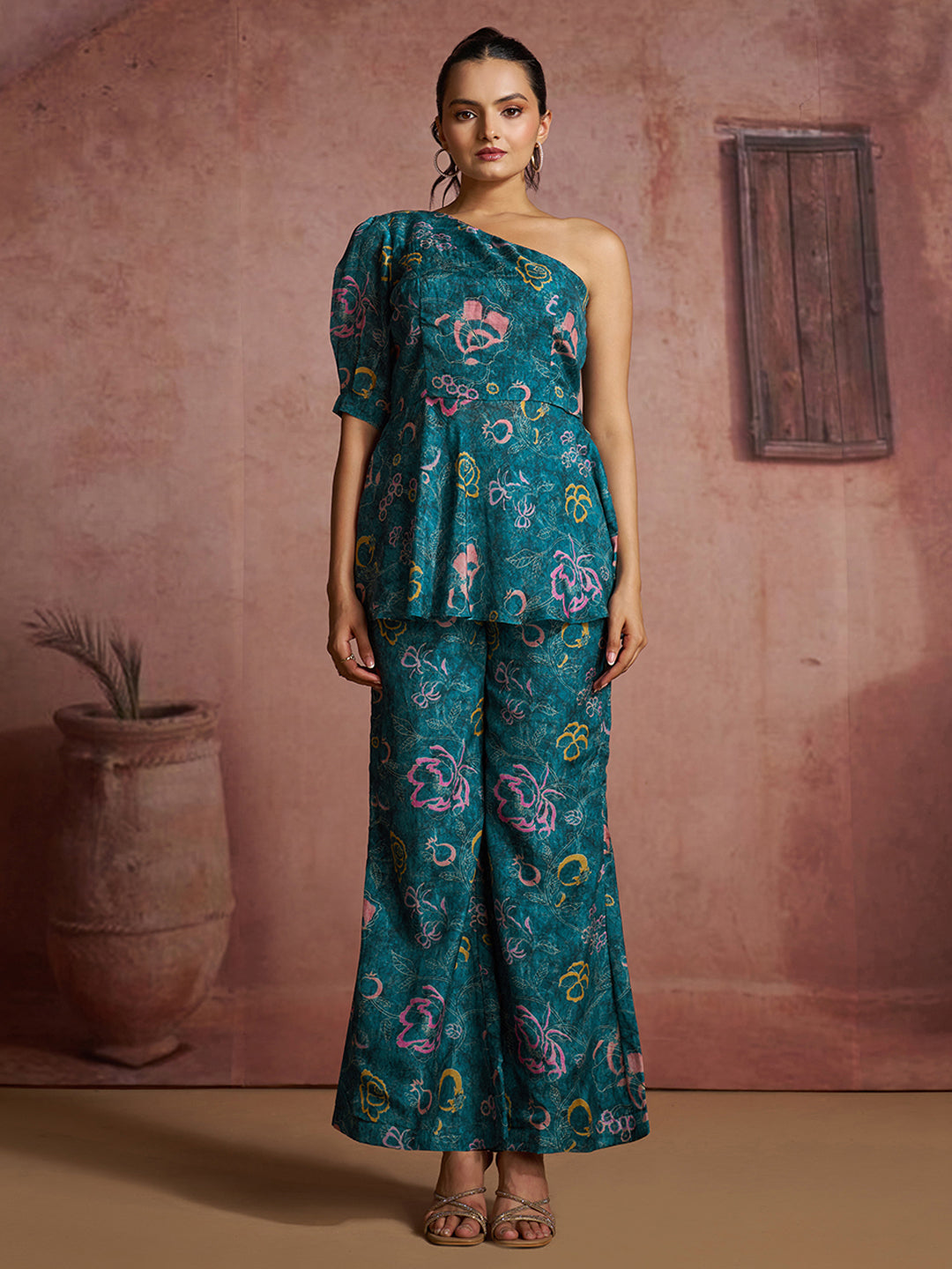 Blue Floral Muslin Silk One-Shoulder Co-Ord Set