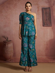Blue Floral Muslin Silk One-Shoulder Co-Ord Set
