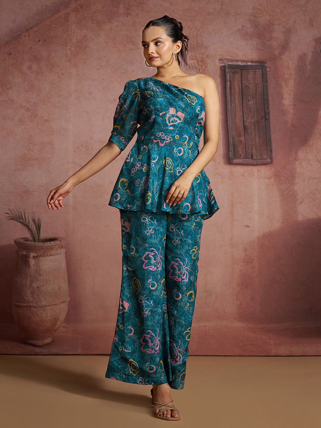 Blue Floral Muslin Silk One-Shoulder Co-Ord Set
