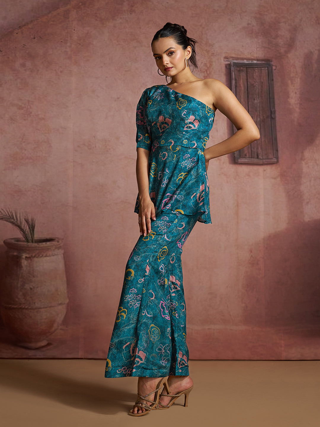 Blue Floral Muslin Silk One-Shoulder Co-Ord Set