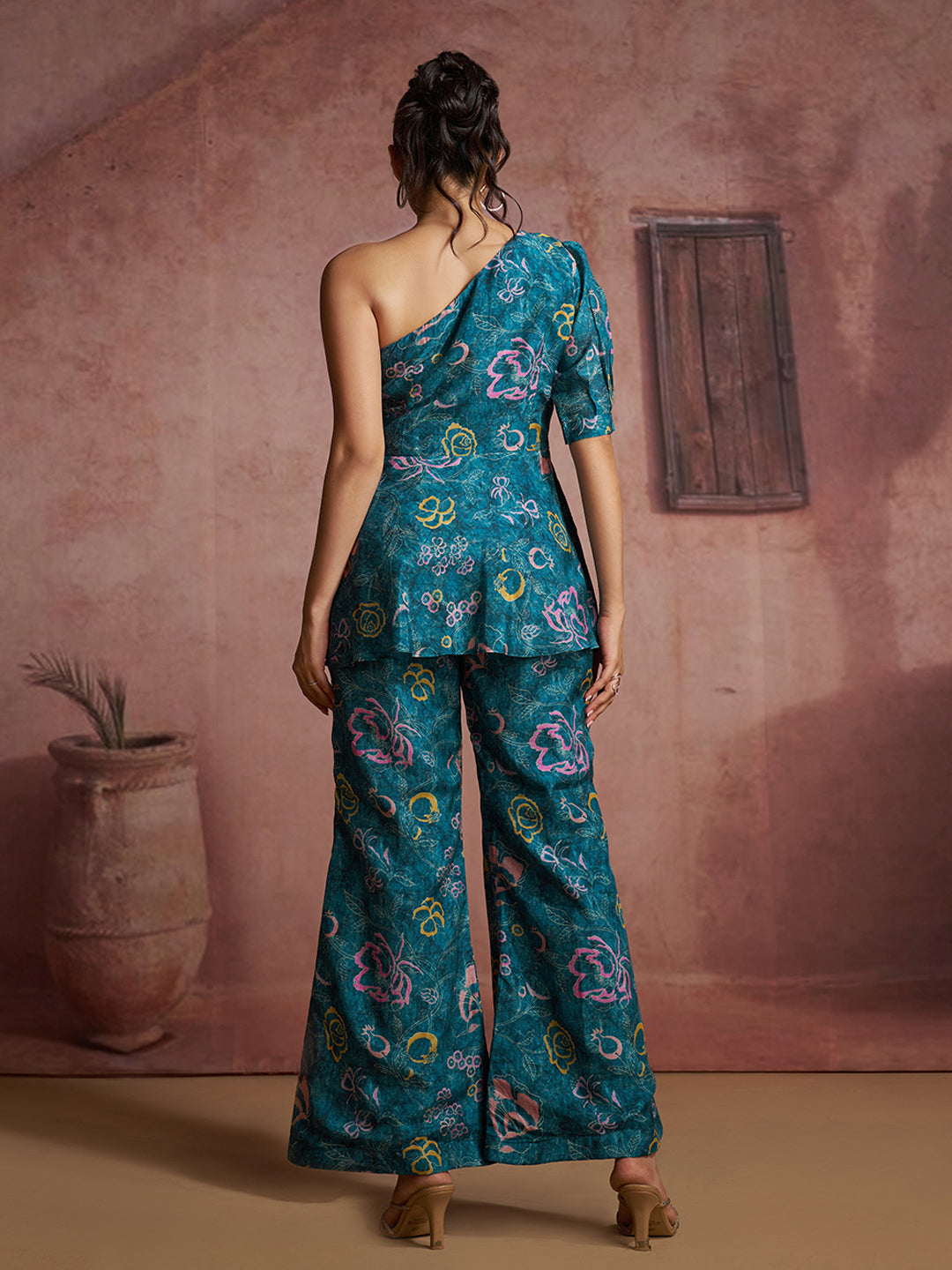 Blue Floral Muslin Silk One-Shoulder Co-Ord Set