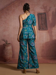 Blue Floral Muslin Silk One-Shoulder Co-Ord Set