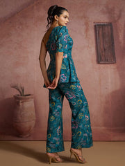 Blue Floral Muslin Silk One-Shoulder Co-Ord Set