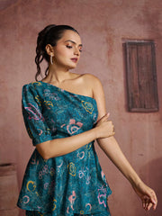 Blue Floral Muslin Silk One-Shoulder Co-Ord Set