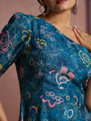 Blue Floral Muslin Silk One-Shoulder Co-Ord Set