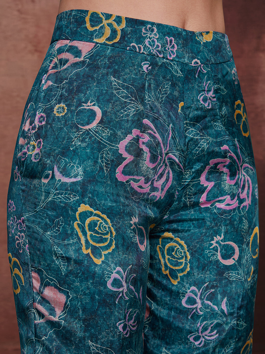 Blue Floral Muslin Silk One-Shoulder Co-Ord Set