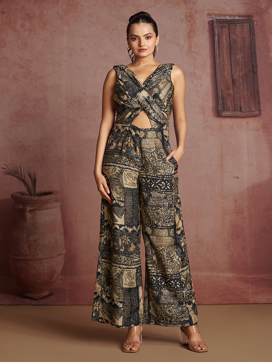 Black & Beige Printed Muslin Silk Sleeveless Jumpsuit