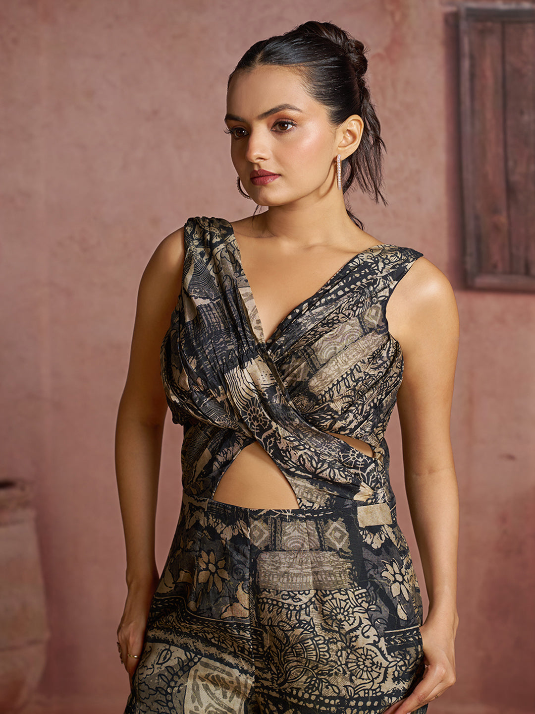 Black & Beige Printed Muslin Silk Sleeveless Jumpsuit