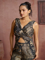 Black & Beige Printed Muslin Silk Sleeveless Jumpsuit