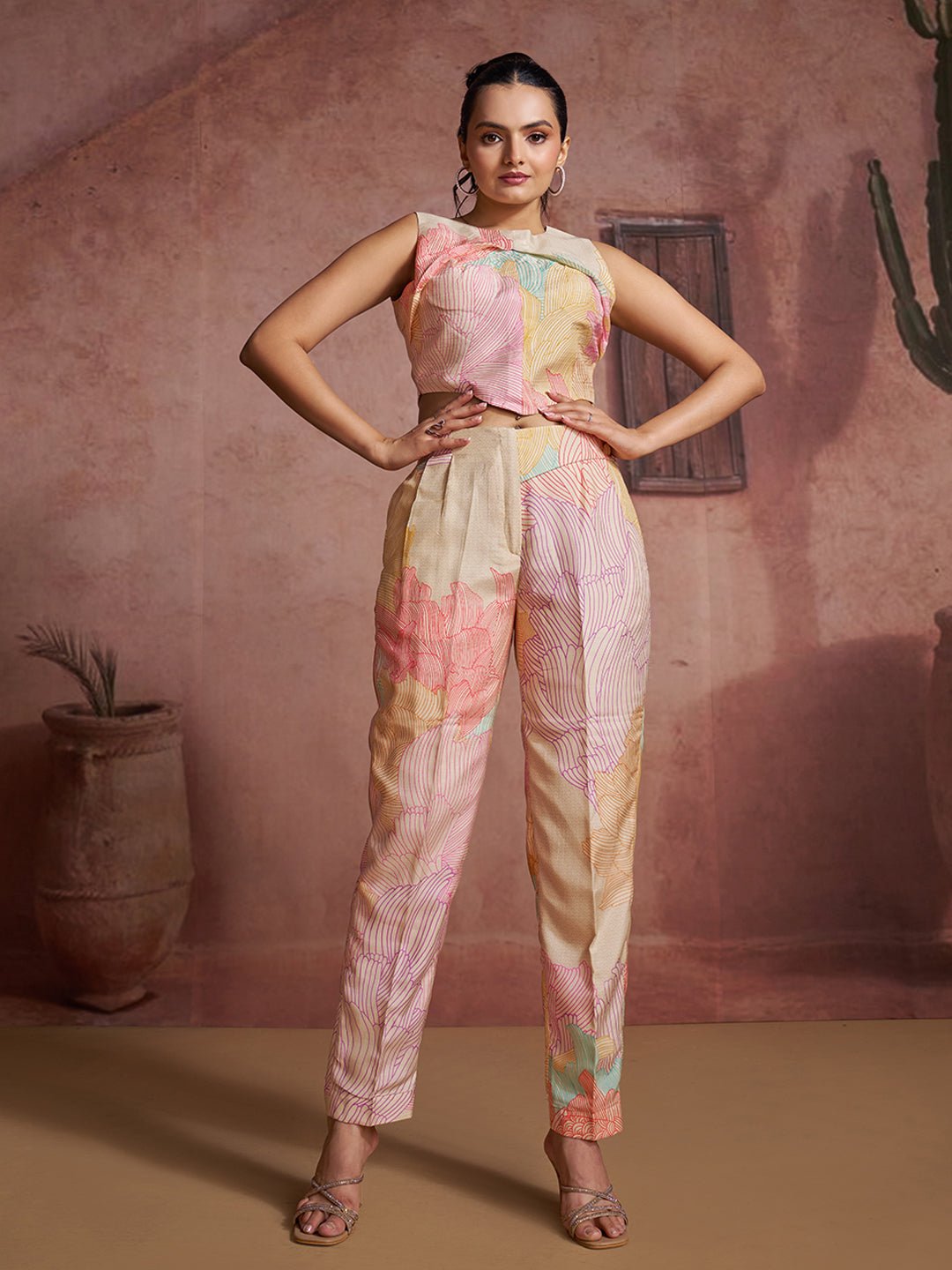 Off-White Printed Muslin Silk Crop Top & Pant Set