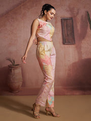 Off-White Printed Muslin Silk Crop Top & Pant Set