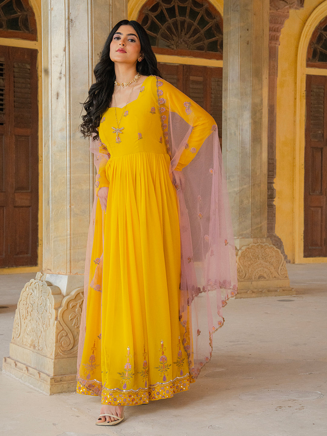 Mustard Yellow Anarkali Gown with Embroidered Border and Dupatta