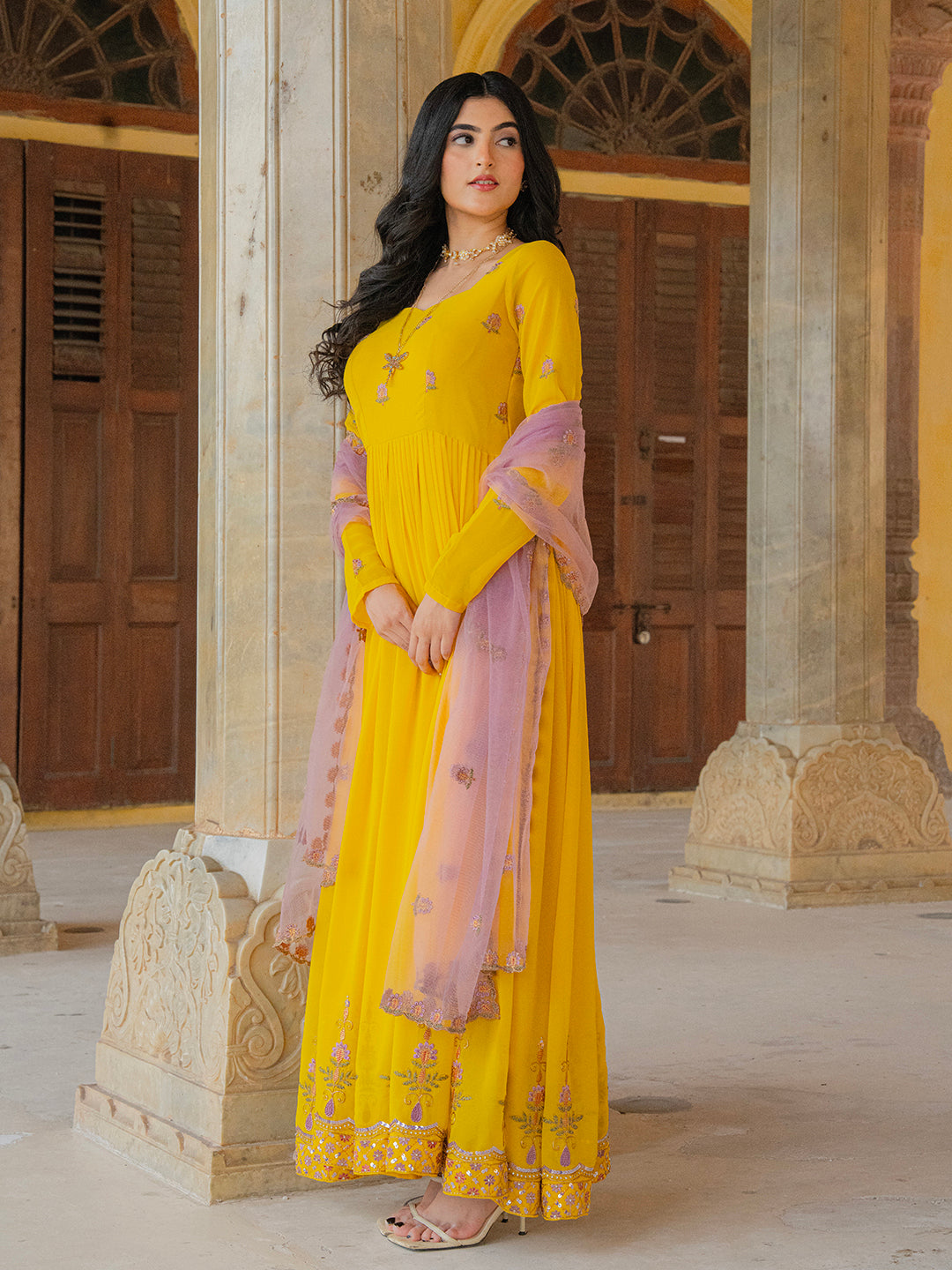 Mustard Yellow Anarkali Gown with Embroidered Border and Dupatta