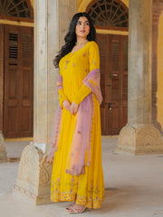Mustard Yellow Anarkali Gown with Embroidered Border and Dupatta