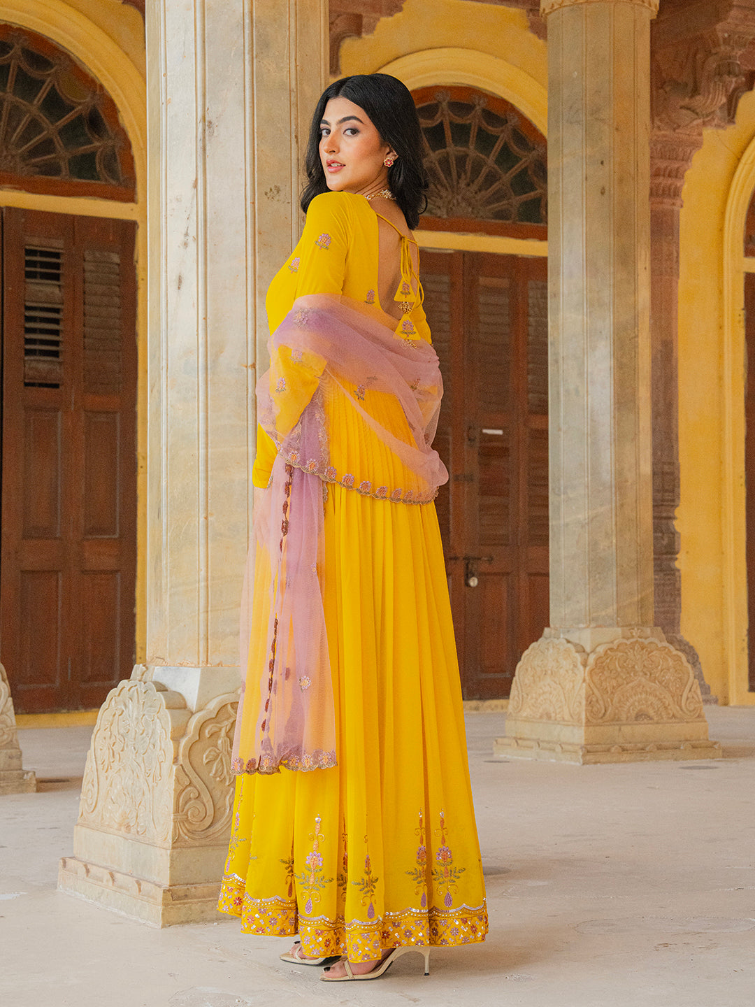 Mustard Yellow Anarkali Gown with Embroidered Border and Dupatta