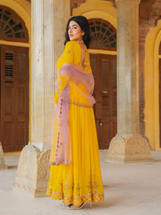 Mustard Yellow Anarkali Gown with Embroidered Border and Dupatta