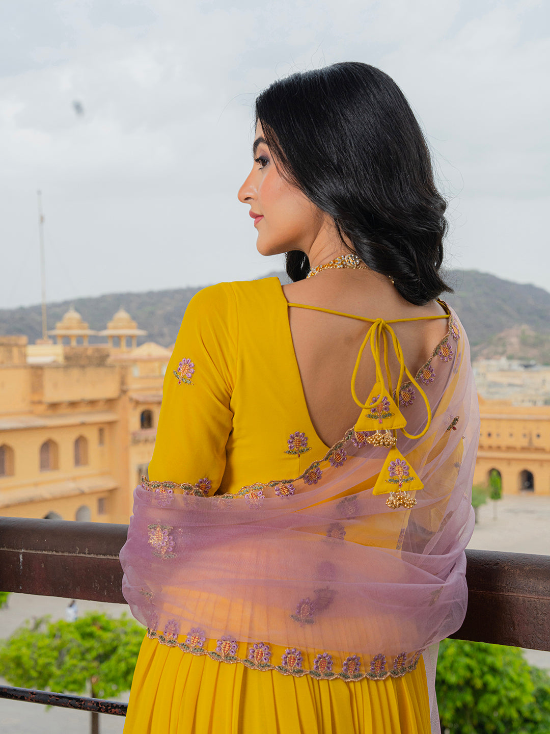 Mustard Yellow Anarkali Gown with Embroidered Border and Dupatta
