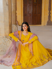 Mustard Yellow Anarkali Gown with Embroidered Border and Dupatta