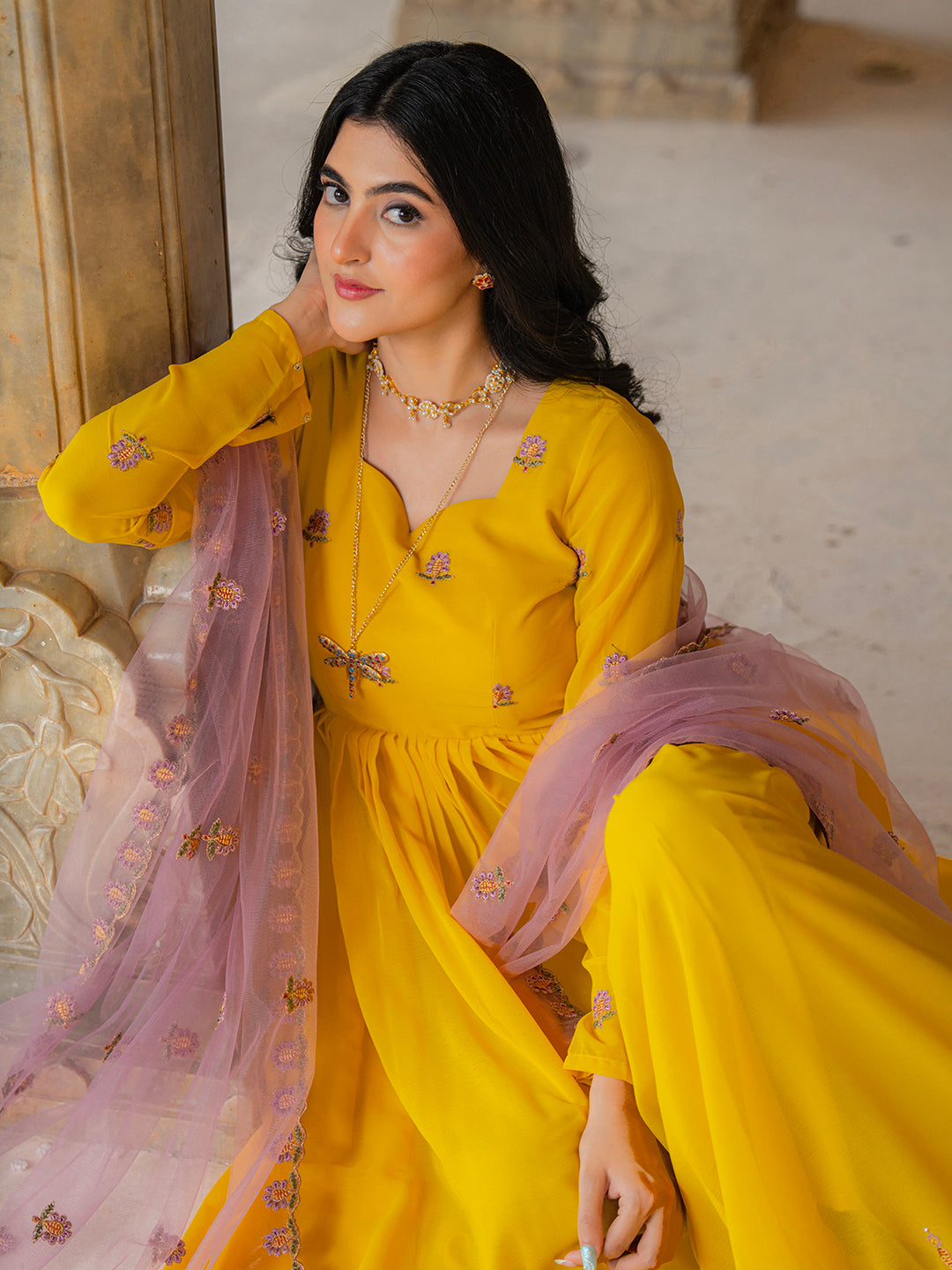 Mustard Yellow Anarkali Gown with Embroidered Border and Dupatta