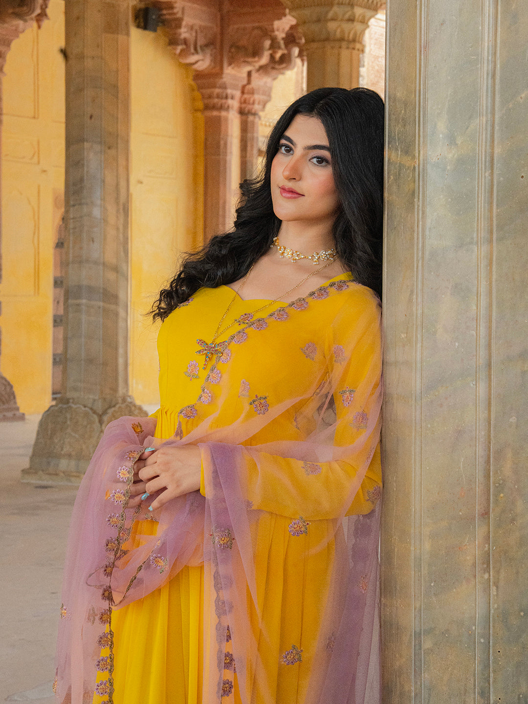 Mustard Yellow Anarkali Gown with Embroidered Border and Dupatta