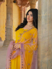 Mustard Yellow Anarkali Gown with Embroidered Border and Dupatta