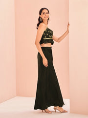 Black Embroidered Peplum Top with Palazzo Pants Set for Women