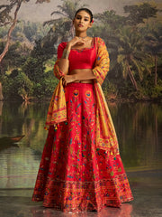 Red Embroidered Lehenga Choli with Mustard Printed Dupatta