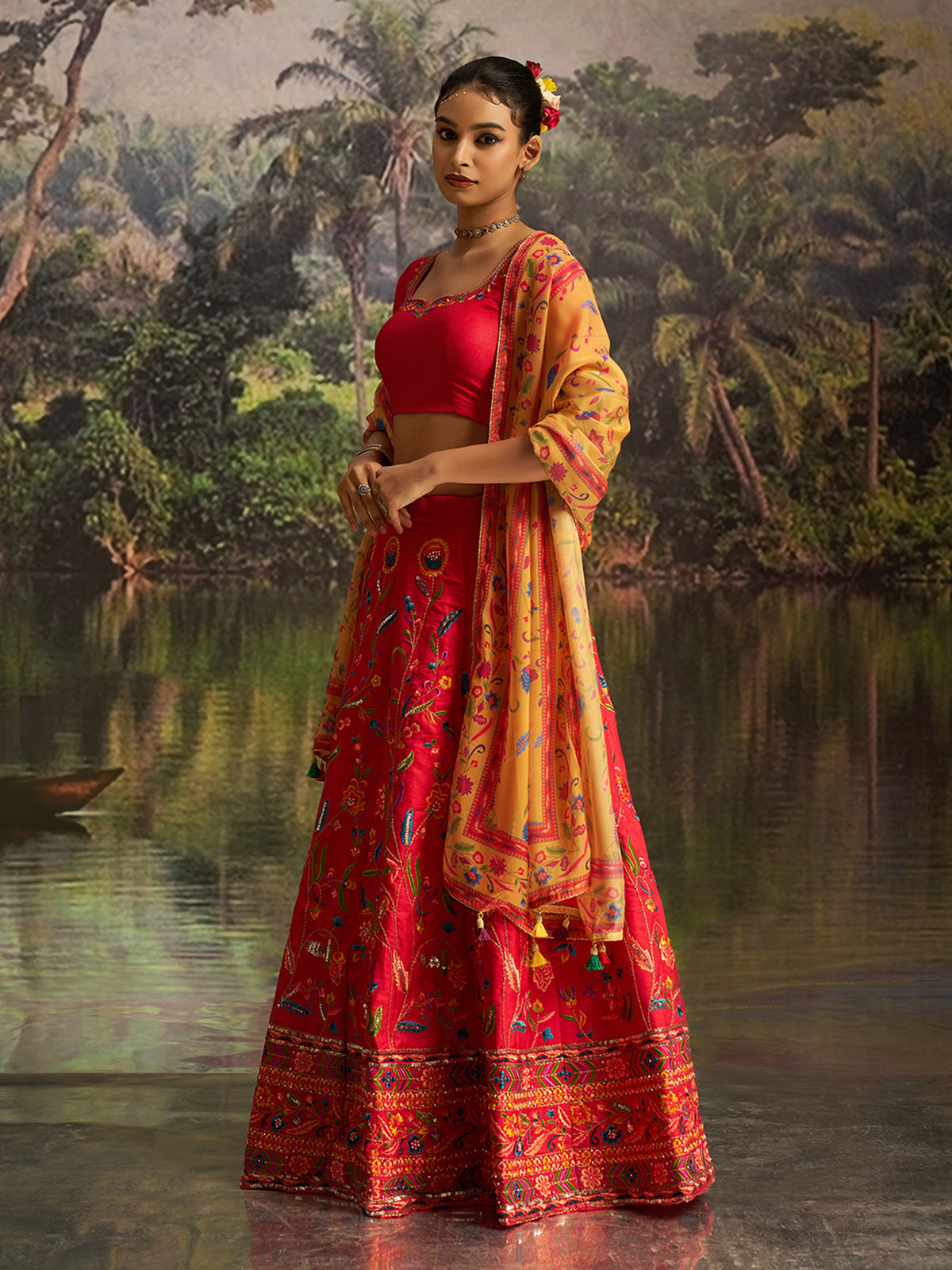 Red Embroidered Lehenga Choli with Mustard Printed Dupatta