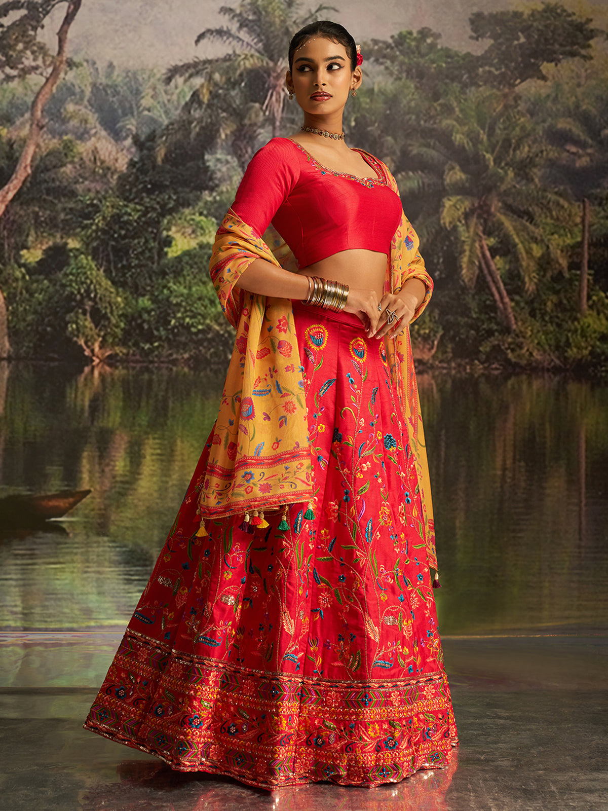 Red Embroidered Lehenga Choli with Mustard Printed Dupatta
