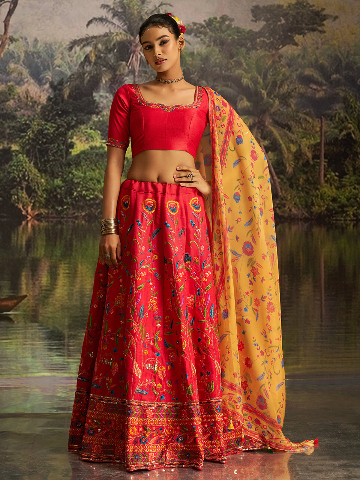 Red Embroidered Lehenga Choli with Mustard Printed Dupatta