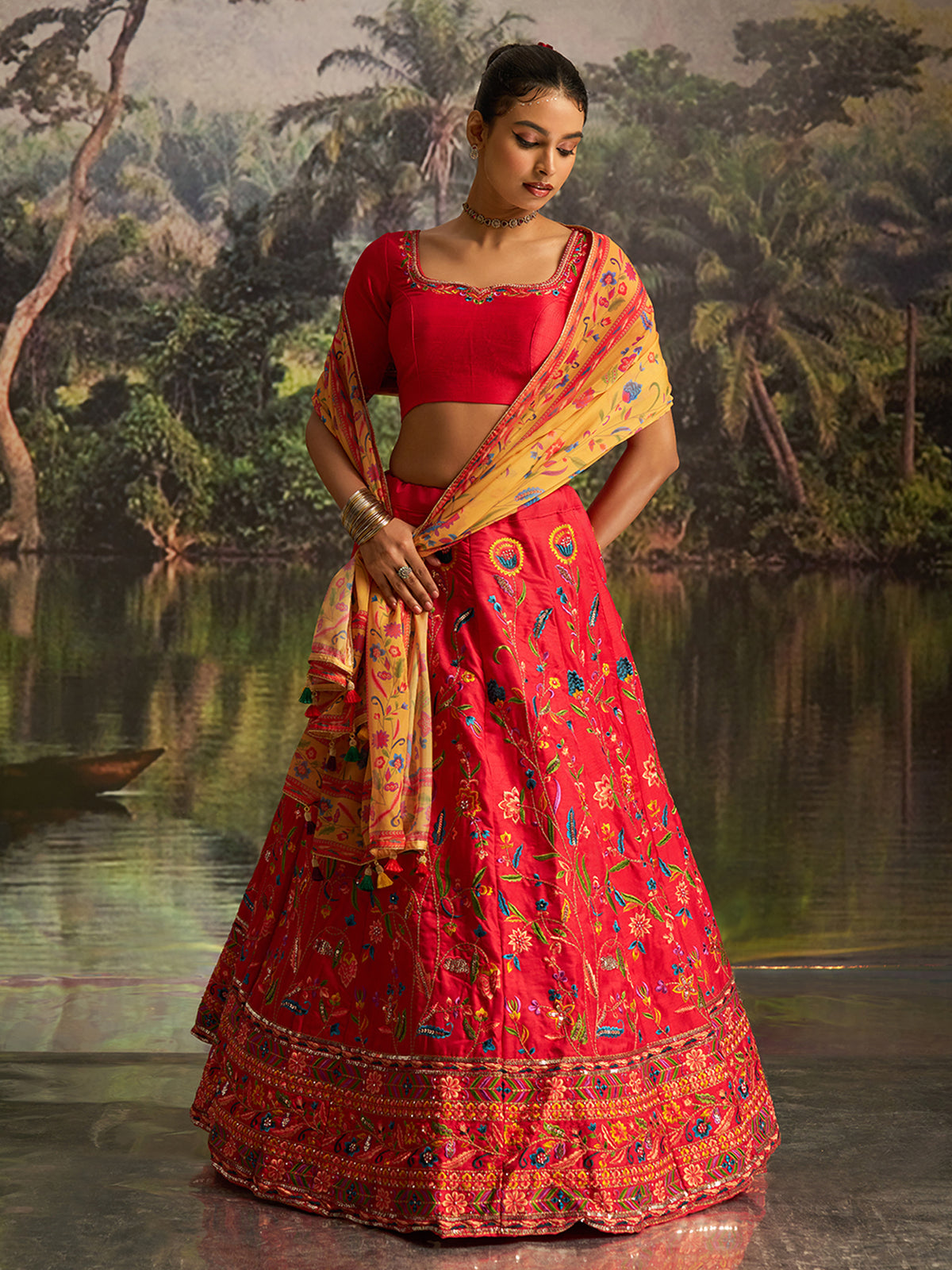 Red Embroidered Lehenga Choli with Mustard Printed Dupatta