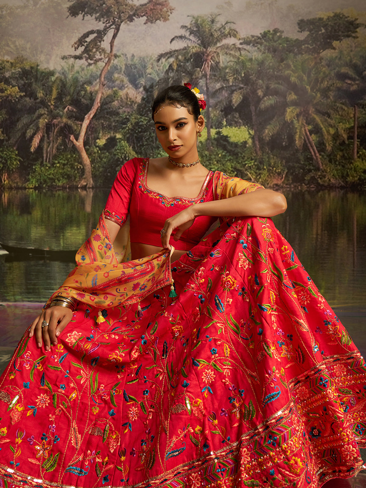 Red Embroidered Lehenga Choli with Mustard Printed Dupatta