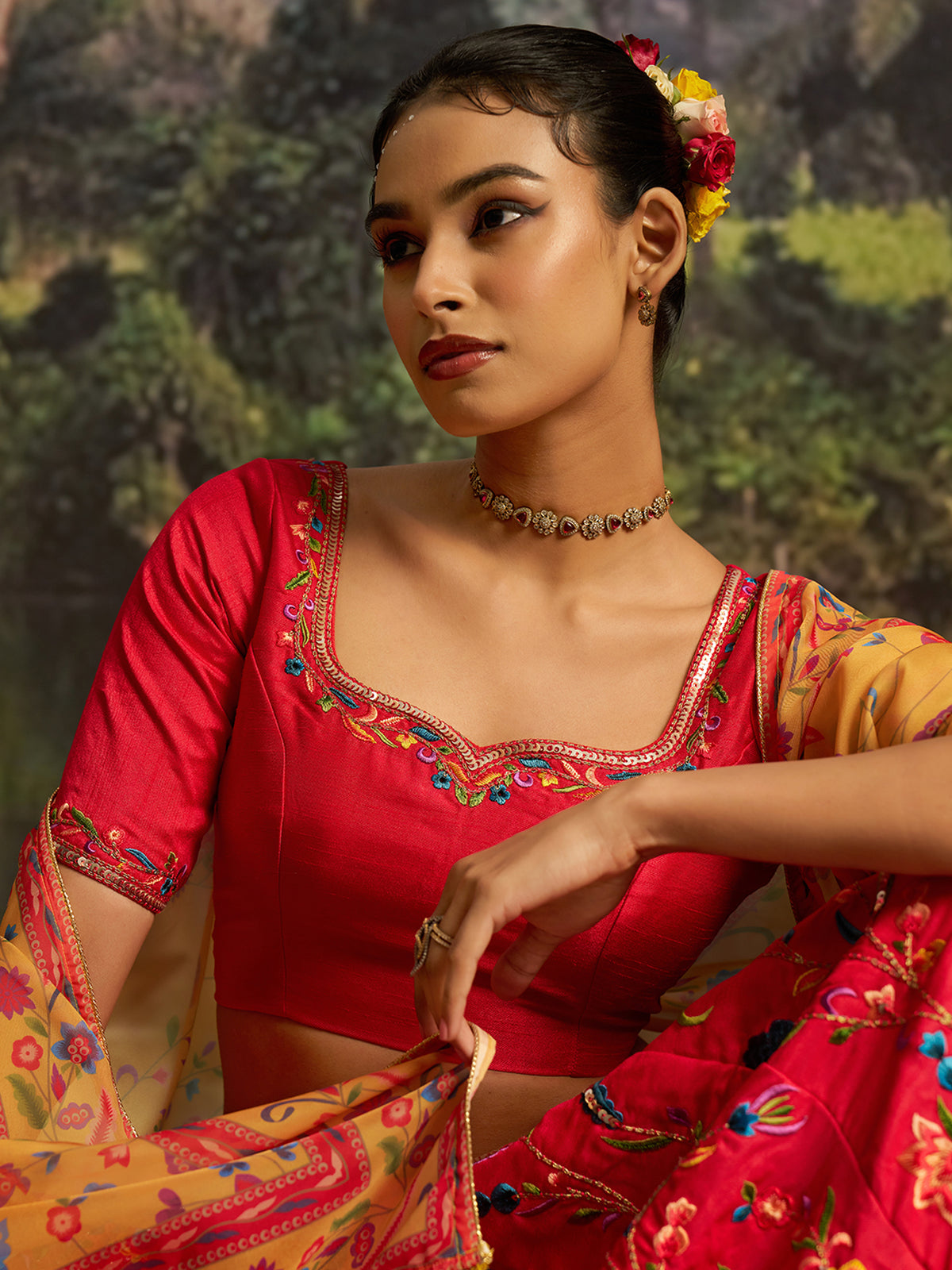 Red Embroidered Lehenga Choli with Mustard Printed Dupatta