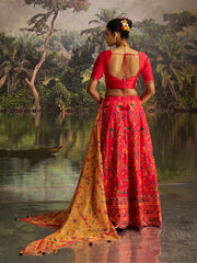 Red Embroidered Lehenga Choli with Mustard Printed Dupatta