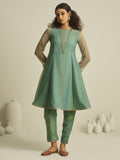 Teal Green Embroidered Kurta Pant Set with Sheer Sleeves